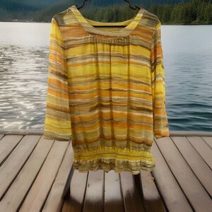 Chico’s Size 1 (Medium)  Yellow/Orange Striped Chiffon Pullover Semi Sheer